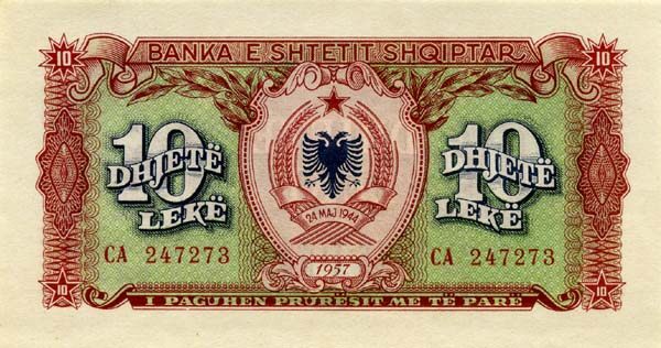 阿尔巴尼亚 Pick 28 1957年版10 Leke 纸钞 125x65
