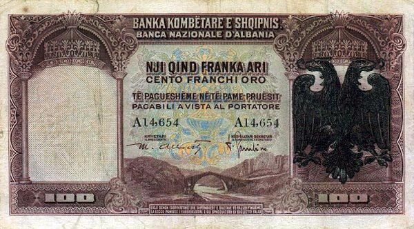 阿尔巴尼亚 Pick 05 ND1939年版100 Franka Ari 纸钞 