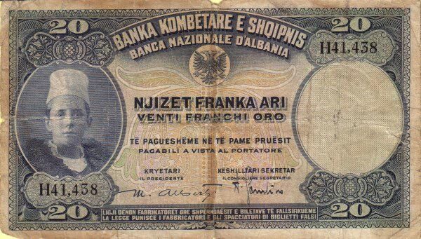 阿尔巴尼亚 Pick 03 ND1926年版20 Franka Ari 纸钞 