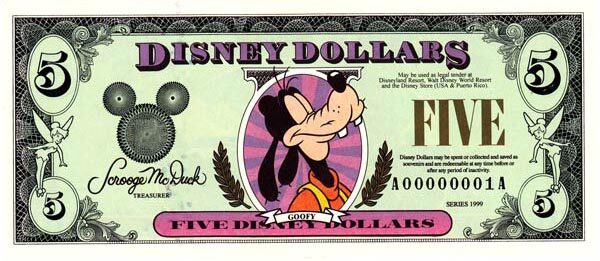 迪斯尼 Pick 1999 1999年版5 Dollars 纸钞 