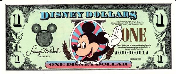 迪斯尼 Pick 1999 1999年版1 Dollar 纸钞 