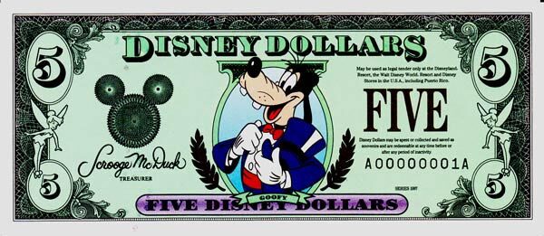 迪斯尼 Pick 1997 1997年版5 Dollars 纸钞 