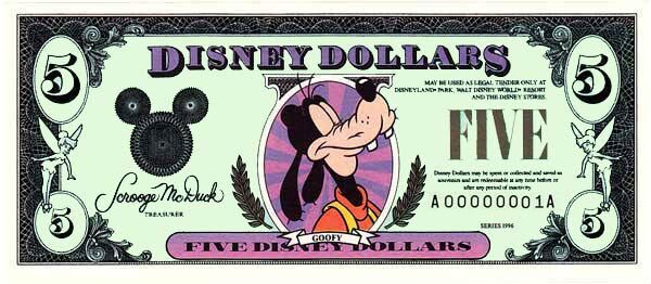 迪斯尼 Pick 1996 1996年版5 Dollars 纸钞 