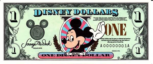 迪斯尼 Pick 1996 1996年版1 Dollar 纸钞 