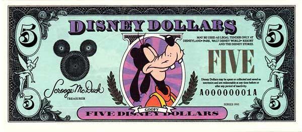 迪斯尼 Pick 1995 1995年版5 Dollars 纸钞 