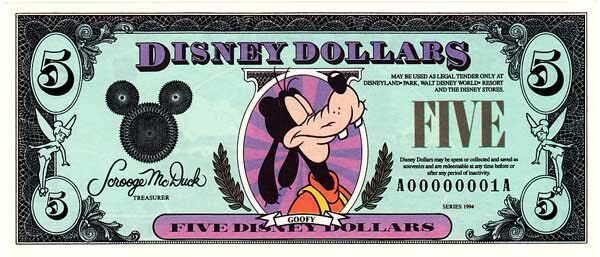 迪斯尼 Pick 1994 1994年版5 Dollars 纸钞 