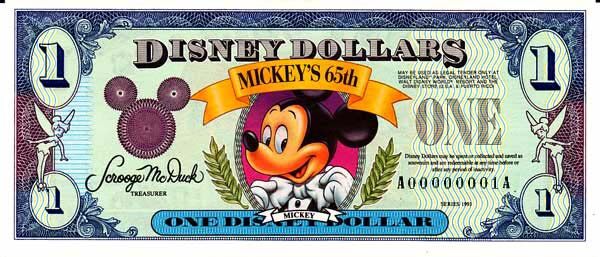 迪斯尼 Pick 1993 1993年版1 Dollar 纸钞 
