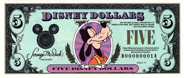 迪斯尼 Pick 1991 1991年版5 Dollars 纸钞 