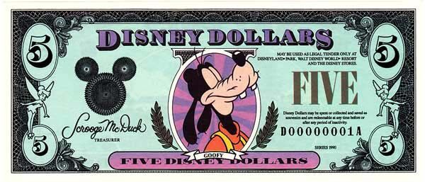 迪斯尼 Pick 1990 1990年版5 Dollars 纸钞 