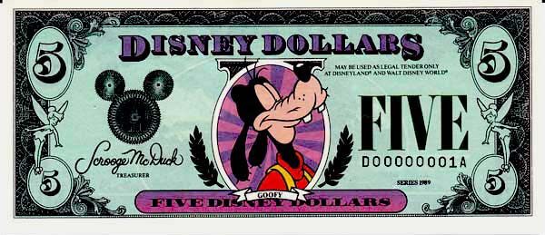迪斯尼 Pick 1989 1989年版5 Dollars 纸钞 