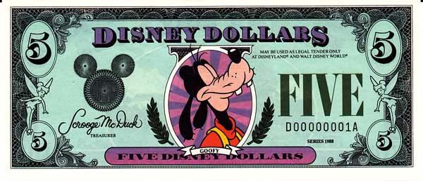 迪斯尼 Pick 1988 1988年版5 Dollars 纸钞 