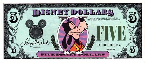 迪斯尼 Pick 1987 1987年版5 Dollars 纸钞 