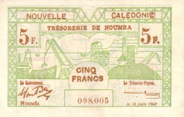 新喀里多尼亚 Pick 58 1943.6.15年版5 Francs 纸钞 