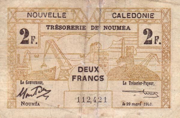 新喀里多尼亚 Pick 56b 1943.3.29年版2 Francs 纸钞 