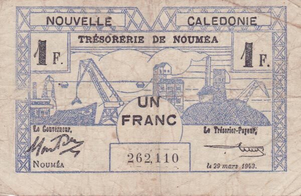 新喀里多尼亚 Pick 55b 1943.3.29年版1 Franc 纸钞 