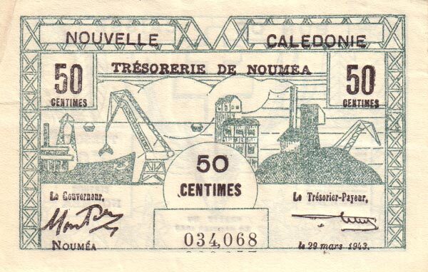 新喀里多尼亚 Pick 54 1943.3.29年版50 Centimes 纸钞 