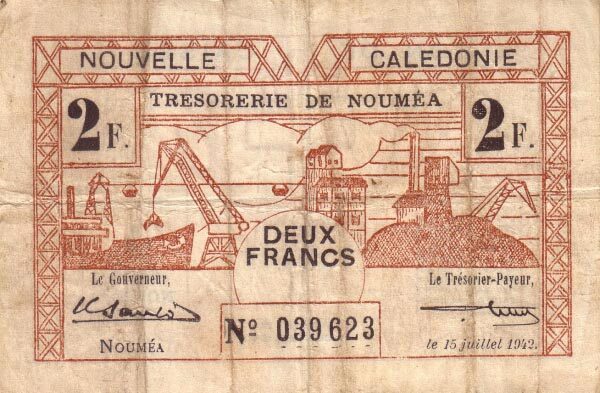 新喀里多尼亚 Pick 53 1942.7.15年版2 Francs 纸钞 