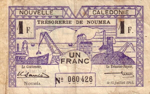 新喀里多尼亚 Pick 52 1942.7.15年版1 Franc 纸钞 