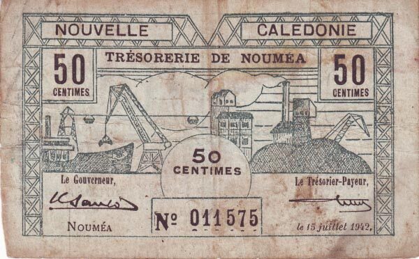 新喀里多尼亚 Pick 51 1942.7.15年版50 Centimes 纸钞 