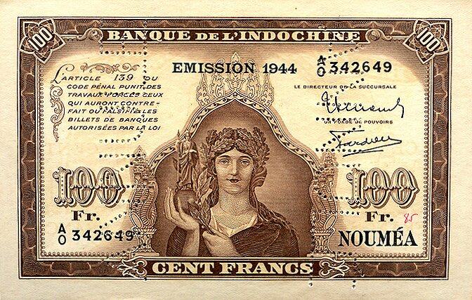 新喀里多尼亚 Pick 46bs ND1944年版100 Francs 纸钞 