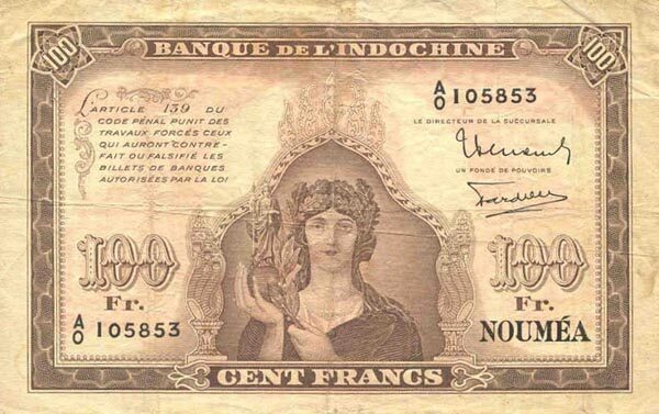新喀里多尼亚 Pick 44 ND1942年版100 Francs 纸钞 