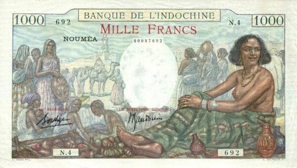 新喀里多尼亚 Pick 43a ND1940-1965年版1000 Francs 纸钞 