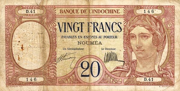 新喀里多尼亚 Pick 37a ND1929年版20 Francs 纸钞 