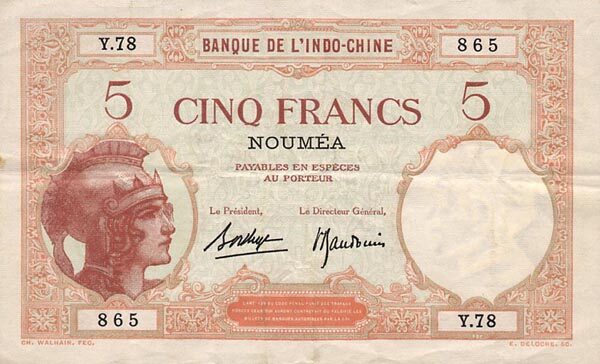 新喀里多尼亚 Pick 36b ND1926年版5 Francs 纸钞 