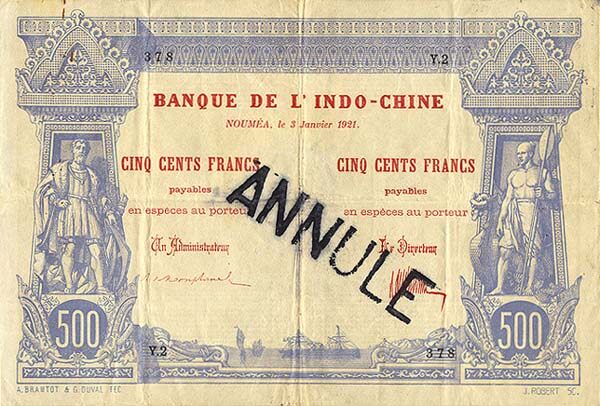 新喀里多尼亚 Pick 22s 1921.1.3年版500 Francs 纸钞 