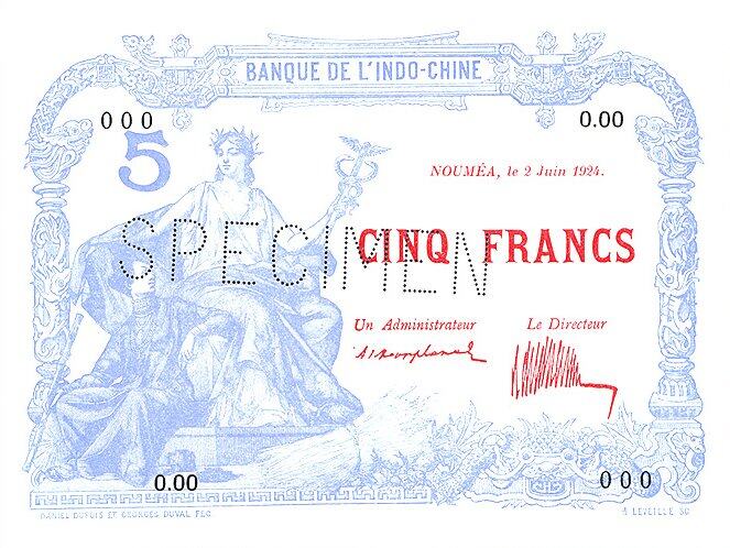 新喀里多尼亚 Pick 19s 1924.6.2年版5 Francs 纸钞 