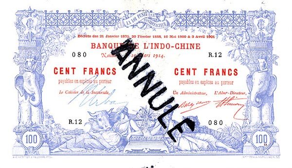 新喀里多尼亚 Pick 17s 1914年版100 Francs 纸钞 