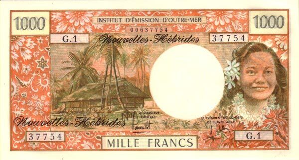 新赫布里底群岛 Pick 20b ND1975年版1000 Francs 纸钞 