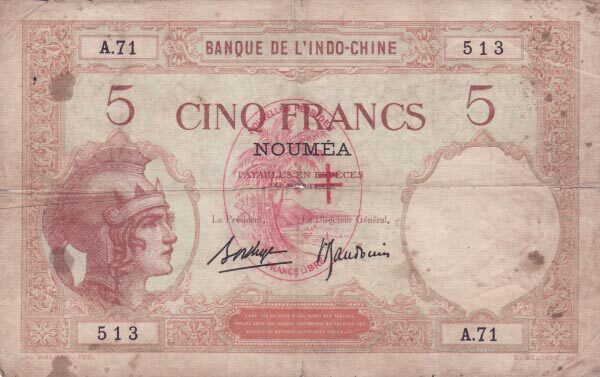 新赫布里底群岛 Pick 04b ND1941年版5 Francs 纸钞 