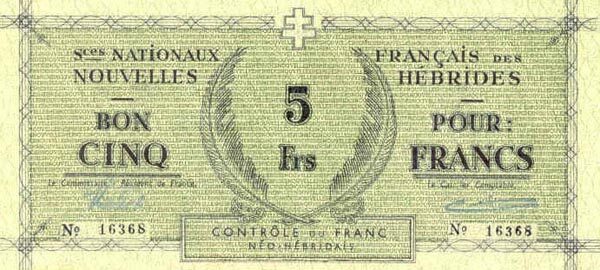 新赫布里底群岛 Pick 01 ND1943年版5 Francs 纸钞 