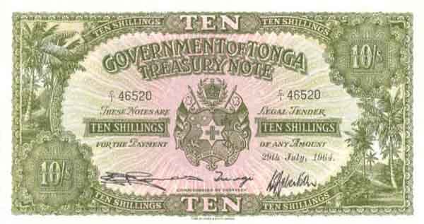 汤加 Pick 10d 1964.7.29年版10 Shillings 纸钞 