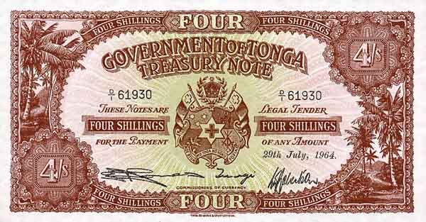 汤加 Pick 09d 1964.7.29年版4 Shillings 纸钞 