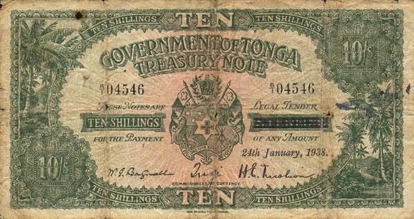 汤加 Pick 06 1938.1.24年版10 Shillings 纸钞 