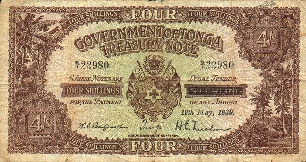 汤加 Pick 05 1939.5.19年版4 Shillings 纸钞 