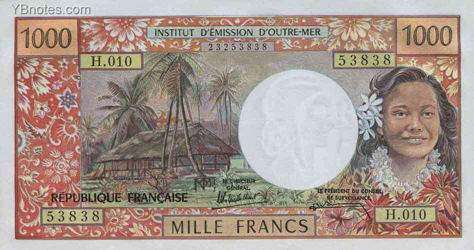 塔希提 Pick 27d ND1985年版1000 Francs 纸钞 