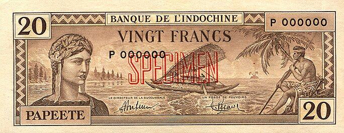 塔希提 Pick 20s ND1944年版20 Francs 纸钞 