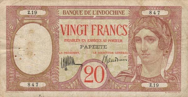 塔希提 Pick 12b ND1928年版20 Francs 纸钞 