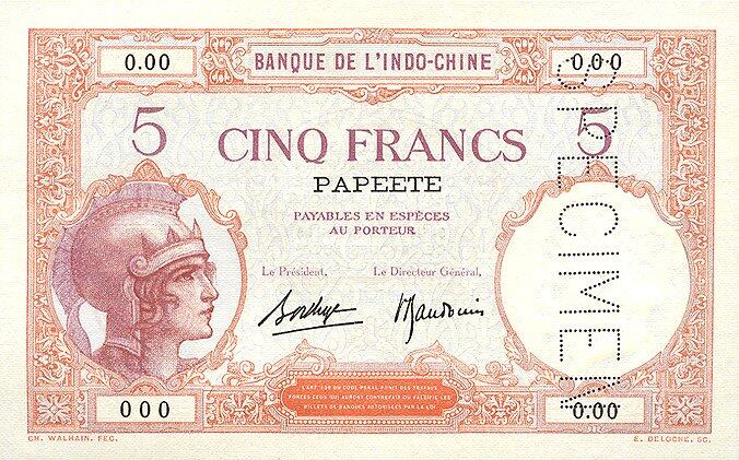 塔希提 Pick 11cs ND1927年版5 Francs 纸钞 