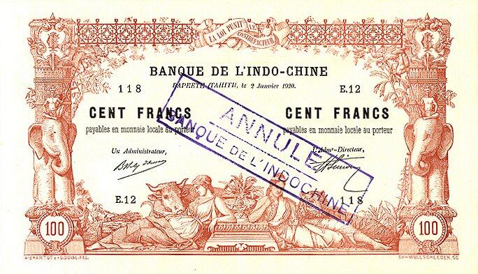 塔希提 Pick 06bs 1920.1.2年版100 Francs 纸钞 