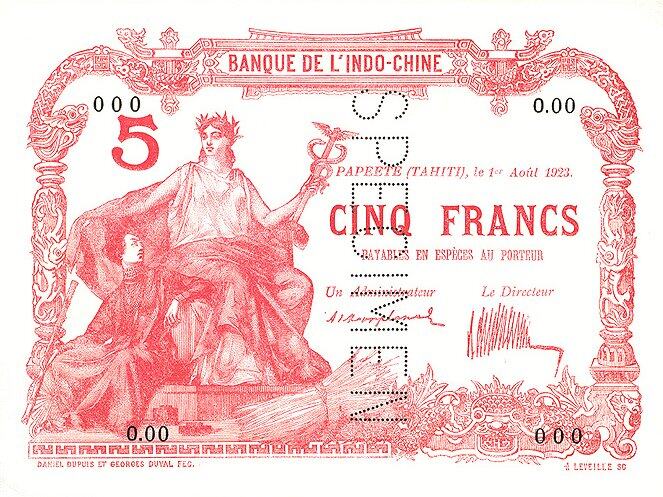 塔希提 Pick 04s 1923.8.1年版5 Francs 纸钞 