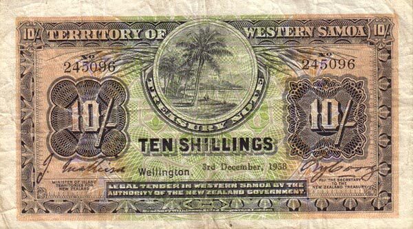萨摩亚 Pick 07c 1958.11.3年版10 Shillings 纸钞 