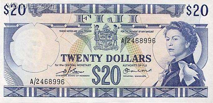 斐济 Pick 075b ND1974年版20 Dollars 纸钞 