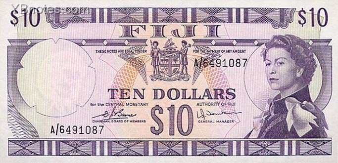 斐济 Pick 074c ND1974年版10 Dollars 纸钞 