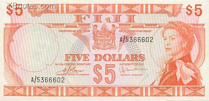 斐济 Pick 073c ND1974年版5 Dollars 纸钞 