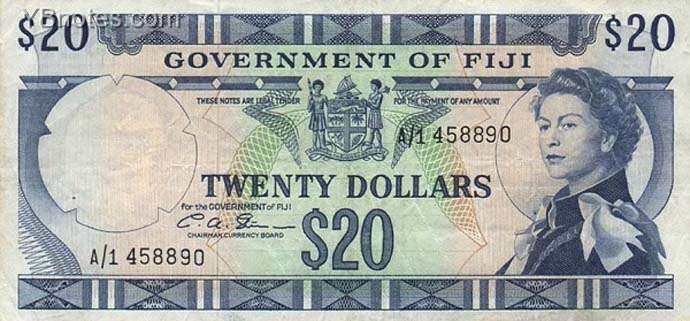 斐济 Pick 069b ND1971年版20 Dollars 纸钞 
