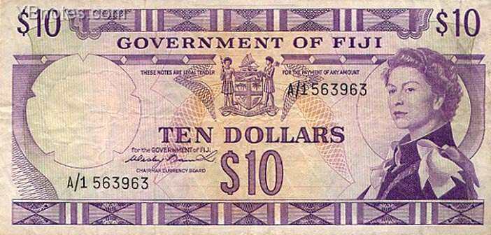 斐济 Pick 068a ND1971年版10 Dollars 纸钞 